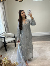 Load image into Gallery viewer, Cutdana grey/blue suit with embroidered cotton net duppata and trouser. Party wear. Eid collection.