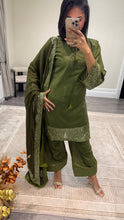 Load image into Gallery viewer, Vanya inspired silk embroidered suit with sequin embroidery and embellishments. Chiffon duppata. Eid and party wear.