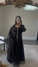Load image into Gallery viewer, Mahira khan black sparkle suit with open gown style shirt. Duppata and trouser.