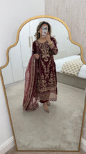 Load image into Gallery viewer, Maroon embroidered suit with full embellishment detailing and organza embroidered duppata. Crepe trouser. Eid collection and party wear
