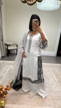 Load image into Gallery viewer, Raw silk black and white hand embroidered 3 piece suit with organza duppata