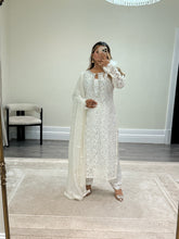 Load image into Gallery viewer, Lace net pearl embellished suit with trouser with chiffon duppata.