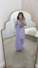Load image into Gallery viewer, Lilac hand embroidered raw silk 3 piece suit with wide leg trouser Eid collection party wear