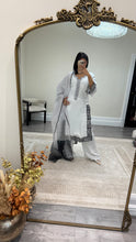 Load image into Gallery viewer, Raw silk black and white hand embroidered 3 piece suit with organza duppata