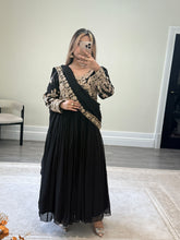 Load image into Gallery viewer, Chiffon frock style suit with sari draped duppata and hand embellishments and silk trouser. Eid collection. Party wear.