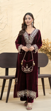 Load image into Gallery viewer, Design 2 Morrored Velvet Embroidered on trend kaftan with trouser and dupatta