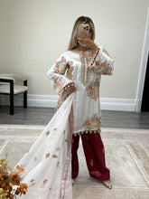 Load image into Gallery viewer, Ethnic inspired silk suit with full sequin embroidery. Wide leg trouser. Khadi net duppata. Fully embroidered party wear Asian suit.
