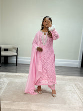 Load image into Gallery viewer, Lace net pearl embellished suit with trouser with chiffon duppata.