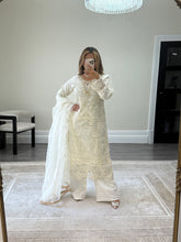 Load image into Gallery viewer, White baroque inspired organza suit with embellishment and embroidery with organza duppata and trouser. Asian party wear suit.