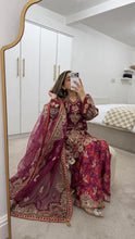 Load image into Gallery viewer, Pink Organza embellished 3 piece suit with wide leg silk trouser Eid collection party wear