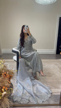 Load image into Gallery viewer, Cutdana grey/blue suit with embroidered cotton net duppata and trouser. Party wear. Eid collection.