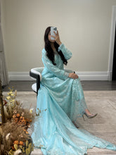 Load image into Gallery viewer, Cutdana grey/blue suit with embroidered cotton net duppata and trouser. Party wear. Eid collection.