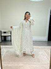 Load image into Gallery viewer, Lace net pearl embellished suit with trouser with chiffon duppata.