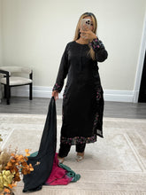 Load image into Gallery viewer, Black silk suit with embroidered sequin work and silk tye dye duppata and silk trouser