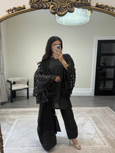 Load image into Gallery viewer, Crochet sleeve shirt with farshi shalwar and silk duppata with pearl finishing throughout