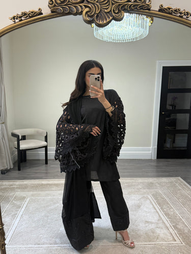 Crochet sleeve shirt with farshi shalwar and silk duppata with pearl finishing throughout