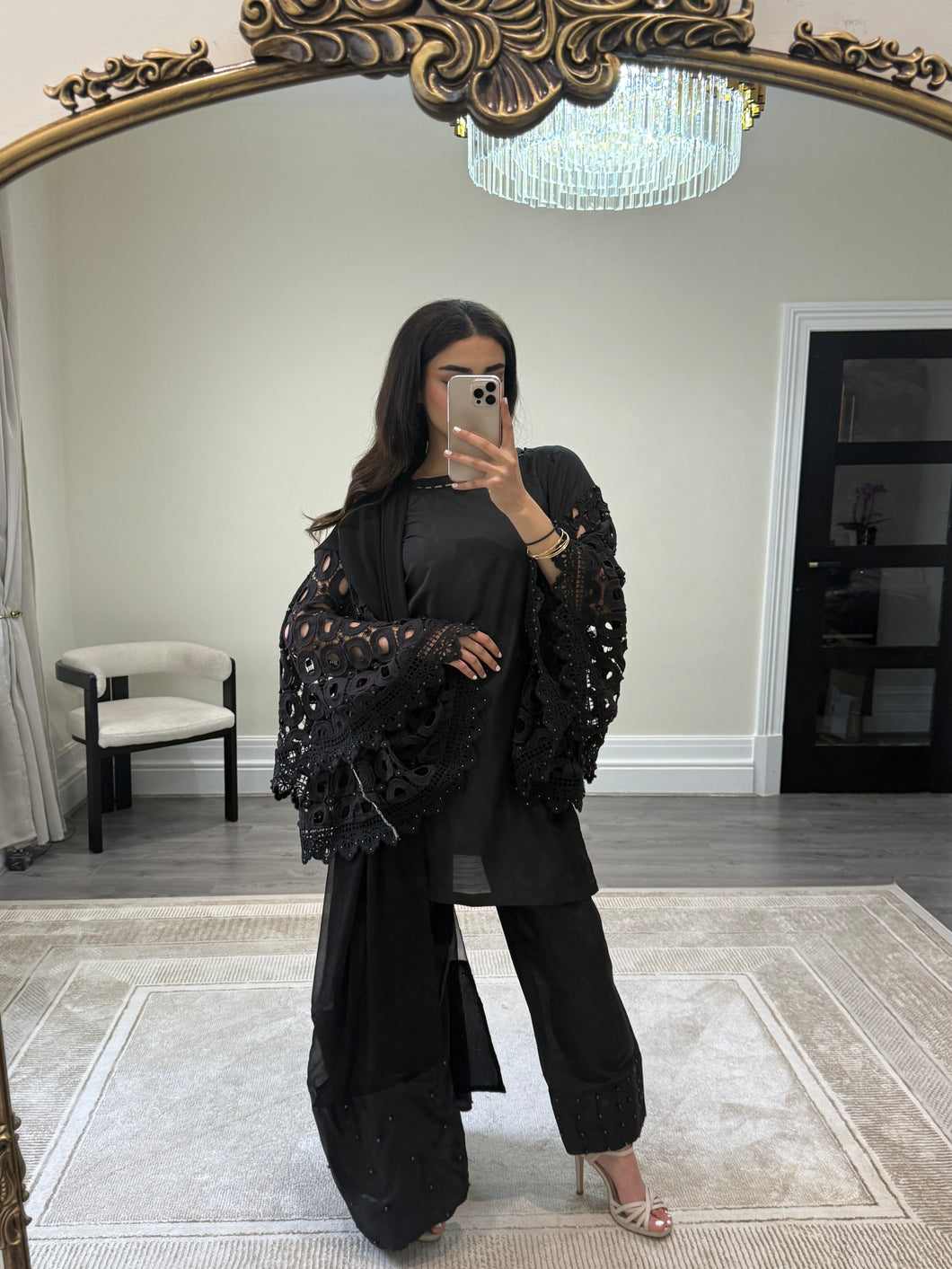 Crochet sleeve shirt with farshi shalwar and silk duppata with pearl finishing throughout