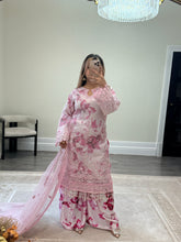 Load image into Gallery viewer, Pink floral embroidered suit with organza duppata and wide leg silk trouser. Eid collection. Party wear.
