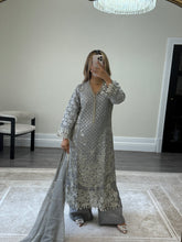 Load image into Gallery viewer, Grey Maria b inspired chiffon suit with embellishment and embroidery with chiffon duppata and trouser. Asian party wear suit.