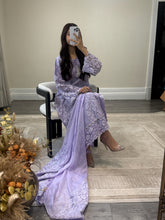Load image into Gallery viewer, Lilac Lace net pearl embellished suit with trouser with chiffon duppata.
