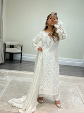 Load image into Gallery viewer, Lace net pearl embellished suit with trouser with chiffon duppata.