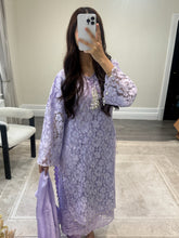 Load image into Gallery viewer, Lilac Lace net pearl embellished suit with trouser with chiffon duppata.
