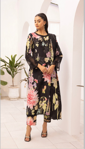 Khaddar 3 piece suit with Khaddar duppata Black Floral