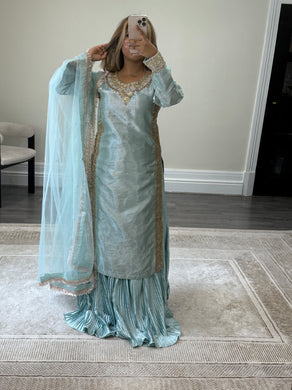 Sheesha silk suit with Gota work and embroidery and silk pleated lehenga and cotton net duppata. Party wear. Asian wedding suit.