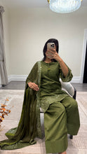 Load image into Gallery viewer, Vanya inspired silk embroidered suit with sequin embroidery and embellishments. Chiffon duppata. Eid and party wear.