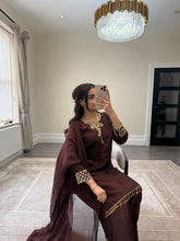 Load image into Gallery viewer, brown hand embroidered raw silk suit with farshi shalwar and chiffon duppta party wear suit