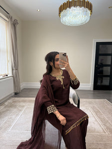 brown hand embroidered raw silk suit with farshi shalwar and chiffon duppta party wear suit