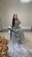 Load image into Gallery viewer, Cutdana grey/blue suit with embroidered cotton net duppata and trouser. Party wear. Eid collection.
