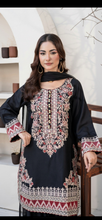 Load image into Gallery viewer, Black and Red Dhanak winter collection short shirt with button detailing with farshi shalwar and embroidered chiffon duppata (Copy)