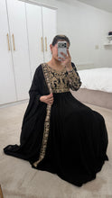 Load image into Gallery viewer, Chiffon frock style suit with sari draped duppata and hand embellishments and silk trouser. Eid collection. Party wear.