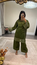 Load image into Gallery viewer, Vanya inspired silk embroidered suit with sequin embroidery and embellishments. Chiffon duppata. Eid and party wear.