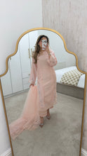 Load image into Gallery viewer, Korean raw silk suit with emrboidery and lace details. Organza duppata. Party wear. Eid collection.
