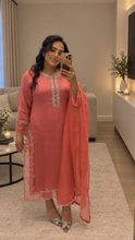 Load image into Gallery viewer, Salmon pink  silk suit with embroidered sequin work and chiffon duppata and silk trouser