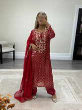 Load image into Gallery viewer, Red embroidered suit with foil work and mirror work embellishments with trouser and chiffon duppata