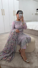 Load image into Gallery viewer, Defective Lilac / silver cotton net embroidered suit with cotton net duppata and crepe trouser (Copy)