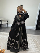 Load image into Gallery viewer, Maria b inspired black chiffon frock with embroidered and rhinestone detailing with trouser and chiffon duppata