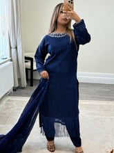 Load image into Gallery viewer, Sparkle Golden chiffon suit with embroidered chiffon duppata and trouser. Party wear. Eid collection.