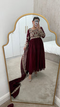 Load image into Gallery viewer, Chiffon frock style suit with sari draped duppata and hand embellishments and silk trouser. Eid collection. Party wear.