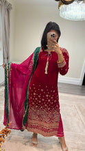 Load image into Gallery viewer, Sparkle red velvet embroidered suit with silk trouser and chiffon duppata