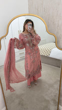 Load image into Gallery viewer, Light Pink Maria b inspired chiffon suit with embellishment and embroidery with chiffon duppata and trouser. Asian party wear suit.