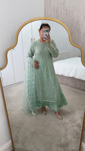 Load image into Gallery viewer, Cutdana Green suit with embroidered cotton net duppata and trouser. Party wear. Eid collection.