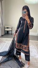 Load image into Gallery viewer, Black lawn embroidered lawn suit with cotton net duppata