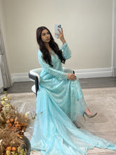 Load image into Gallery viewer, Cutdana grey/blue suit with embroidered cotton net duppata and trouser. Party wear. Eid collection.