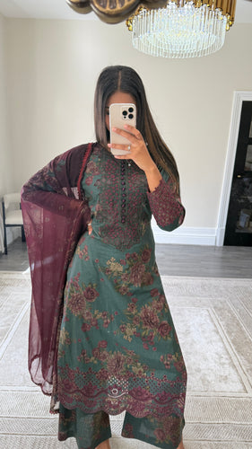 Maria B inspired embroidered lawn suit green and plum