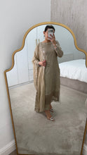 Load image into Gallery viewer, Sparkle Golden chiffon suit with embroidered chiffon duppata and trouser. Party wear. Eid collection.