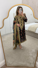 Load image into Gallery viewer, Black silk floral embroidered 3 piece suit with silk duppata